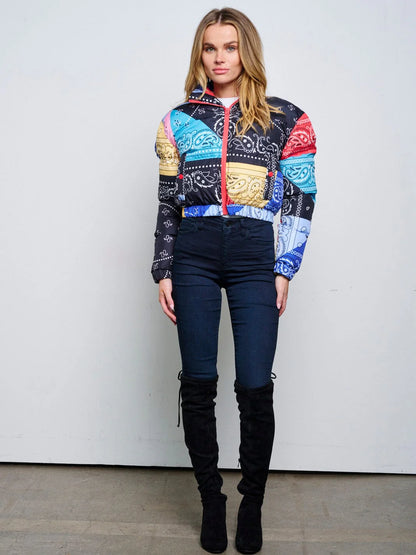 WOMEN'S LONG SLEEVE ZIP UP FRONT POCKETS PUFFER MULTI PRINT JACKET