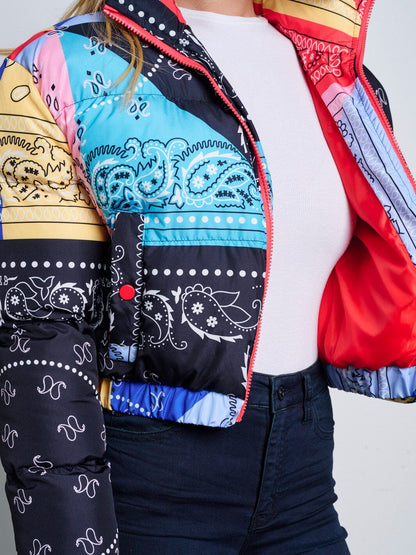 WOMEN'S LONG SLEEVE ZIP UP FRONT POCKETS PUFFER MULTI PRINT JACKET